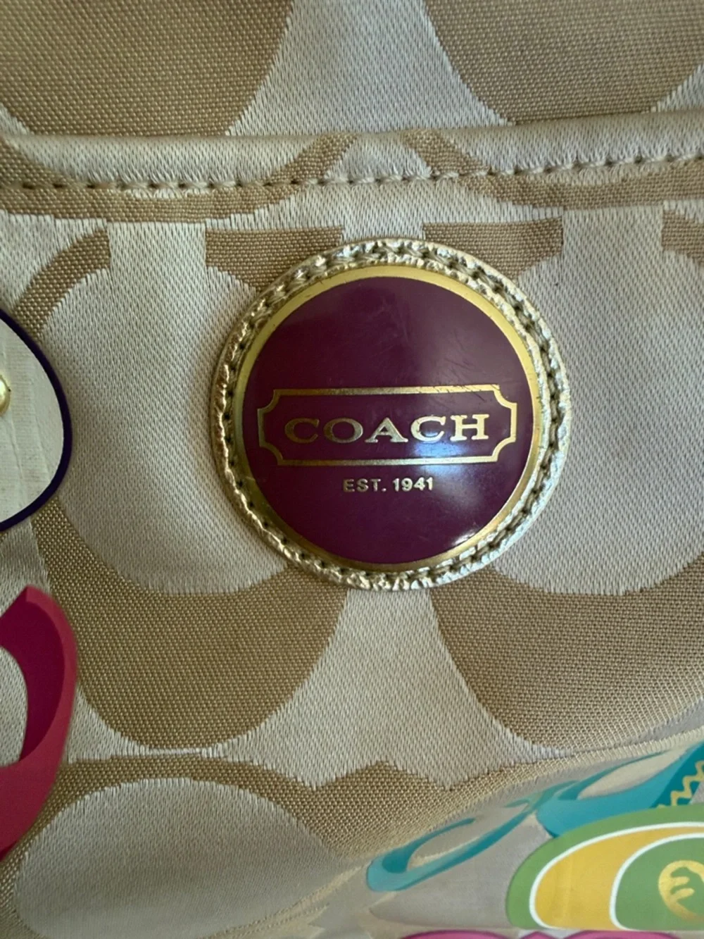 Vintage  Coach Beige Signature Graffiti Sateen Tote/Diaper Bag with Gold Trim